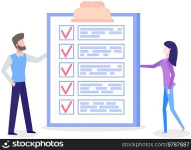 Month scheduling, to do list, time management concept. Man and woman stand near to do list and discuss schedule. Plan fulfilled, task completed, timetable sheet. People work with check list planning. Man and woman stand near to do list and discuss schedule. People work with checklist planning