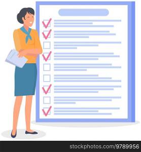 Month scheduling, to do list, time management concept. Woman stands near to do plan and planning schedule. Plan fulfilled, task completed, timetable sheet. Lady works with check list planning. Woman stands near to do list and planning schedule. Plan fulfilled, task completed, timetable sheet