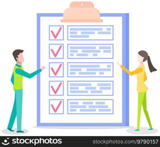 Month scheduling, to do list, time management concept. Man and woman stand near to do list and discuss schedule. Plan fulfilled, task completed, timetable sheet. People work with check list planning. Man and woman stand near to do list and discuss schedule. People work with checklist planning