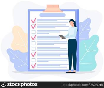 Month scheduling, to do list, time management concept. Woman stands near to do plan and planning schedule. Plan fulfilled, task completed, timetable sheet. Lady works with check list planning. Woman stands near to do list and planning schedule. Plan fulfilled, task completed, timetable sheet