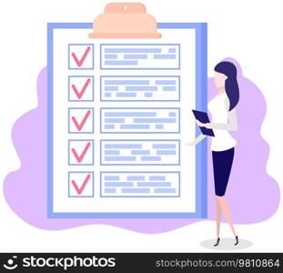 Month scheduling, to do list, time management concept. Woman stands near to do plan and planning schedule. Plan fulfilled, task completed, timetable sheet. Lady works with check list planning. Woman stands near to do list and planning schedule. Plan fulfilled, task completed, timetable sheet