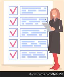 Month scheduling, to do plan, time management, checklist. Businesswoman stands near to do list and planning. Plan fulfilled, task completed, timetable sheet. Check list planning, schedule concept. Businesswoman stands near to do list and planning. Month scheduling, time management, checklist