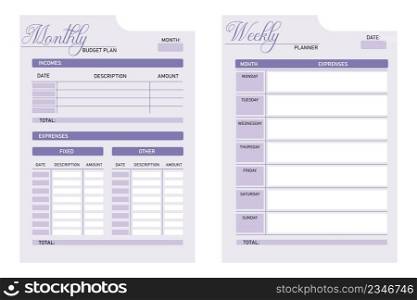 Monthly and weekly budget planner. Form pages accounting expenses and income, individual financial plan. Diary fixing money for print or online, vector illustration. Monthly and weekly budget planner vector illustration