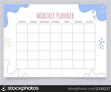 Monthly planner worksheet design template. Blank printable goal setting sheet. Time management sample. Scheduling page for organizing personal tasks. Amatic SC Bold, Oxygen Regular fonts used. Monthly planner worksheet design template