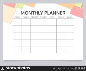 Monthly schedule planner worksheet design template. Blank printable goal setting sheet. Time management s&le. Scheduling page for organizing personal tasks. Oxygen Bold, Regular fonts used. Monthly schedule planner worksheet design template