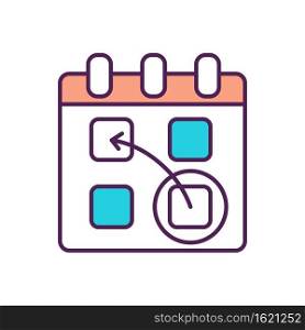 Monthly schedule RGB color icon. Change date of appointment. Business planner. Reminder for deadline. Marked day in journal. Plan in advance. Reschedule event. Isolated vector illustration. Monthly schedule RGB color icon
