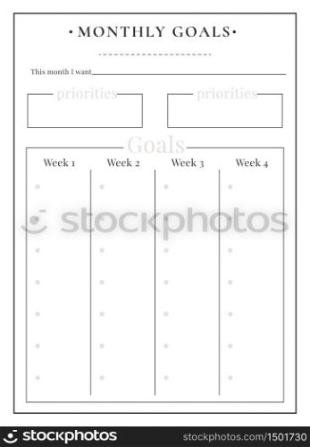 Monthly tasks minimalist planner page design. Priorities memo box. Write achievement. Wish and resolution. Weekly track bullet journal printable sheet. Personal organizer. Notebook vector template. Monthly tasks minimalist planner page design
