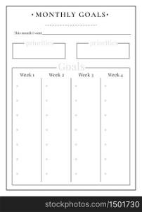 Monthly tasks minimalist planner page design. Priorities memo box. Write achievement. Wish and resolution. Weekly track bullet journal printable sheet. Personal organizer. Notebook vector template. Monthly tasks minimalist planner page design