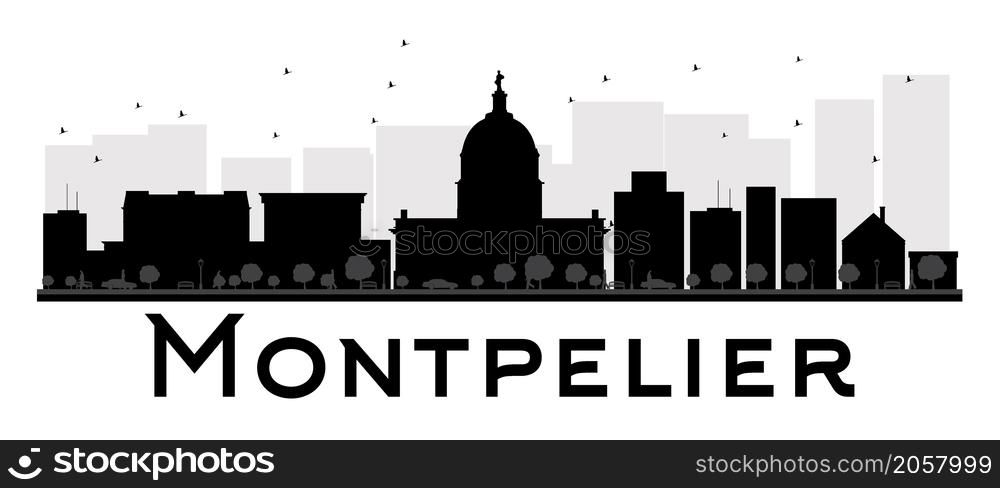 Montpelier City skyline black and white silhouette. Vector illustration. Simple flat concept for tourism presentation, banner, placard or web site. Business travel concept. Cityscape with landmarks