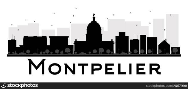 Montpelier City skyline black and white silhouette. Vector illustration. Simple flat concept for tourism presentation, banner, placard or web site. Business travel concept. Cityscape with landmarks