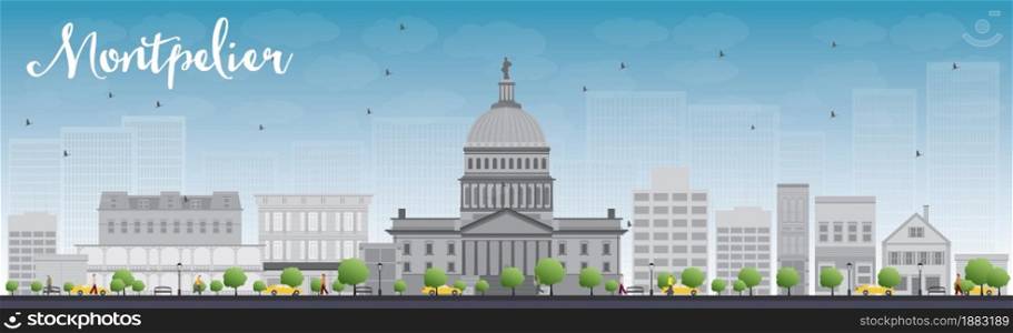 Montpelier (Vermont) city skyline with grey buildings and blue sky. Vector illustration