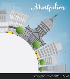 Montpelier (Vermont) city skyline with grey buildings and copy space. Business travel and tourism concept with place for text. Image for presentation, banner, placard and web site. Vector illustration