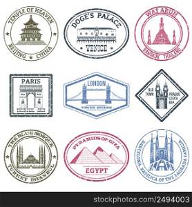 Monuments and famous world landmarks stamps set isolated vector illustration. Monuments Stamps Set