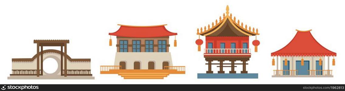 Monuments and landmarks of asian countries and culture. Architecture heritage and exterior of oriental cities. Japanese or chinese traditional buildings and temples of towns. Vector in flat style. Asian exteriors and architecture, main monuments