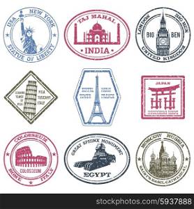 Monuments and world landmarks postal stamps set isolated vector illustration. Monuments Stamps Set