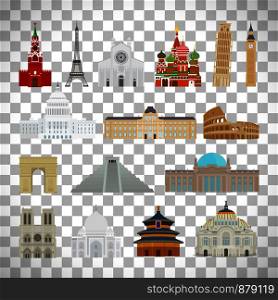 Monuments modern flat icons isolated on transparent background, vector illustration. Monuments flat icons on transparent background