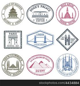 Monuments Stamps Set. Monuments and famous world landmarks stamps set isolated vector illustration