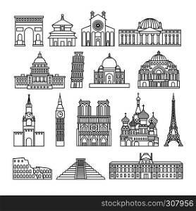 Monuments thin line vector icons. Louvre and Colosseum, Pyramid and Arc de Triomphe. Monuments thin line icons