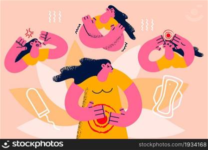Mood and stress during pms period concept. Young woman cartoon character feeling angry pain in belly during pms time before menstruation vector illustration . Mood and stress during pms period concept.