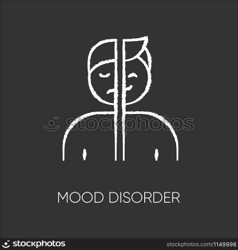 Mood disorder chalk icon. Manic and depressive episodes. Dysthymia, cyclothymia. Emotional swing. Happy and sad. Psychological problem. Mental health. Isolated vector chalkboard illustration