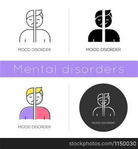 Mood disorder icon. Manic and depressive episodes. Dysthymia, cyclothymia. Emotional swing. Psychiatric issue. Mental health. Flat design, linear and color styles. Isolated vector illustrations