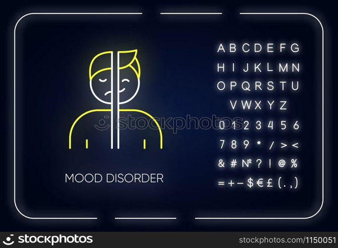 Mood disorder neon light icon. Manic and depressive episodes. Dysthymia, cyclothymia. Emotional swing. Mental health. Glowing sign with alphabet, numbers and symbols. Vector isolated illustration