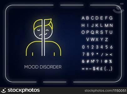 Mood disorder neon light icon. Manic and depressive episodes. Dysthymia, cyclothymia. Emotional swing. Mental health. Glowing sign with alphabet, numbers and symbols. Vector isolated illustration