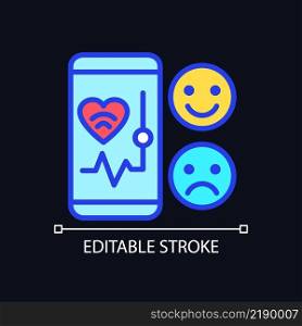 Mood monitoring pixel perfect RGB color icon for dark theme. Mobile app for health tracking. Internet of Things. Simple filled line drawing on night mode background. Editable stroke. Arial font used. Mood monitoring pixel perfect RGB color icon for dark theme