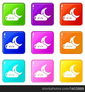 Moon and cloud icons set 9 color collection isolated on white for any design. Moon and cloud icons set 9 color collection