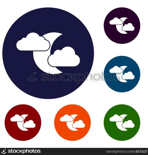 Moon and clouds icons set in flat circle reb, blue and green color for web. Moon and clouds icons set