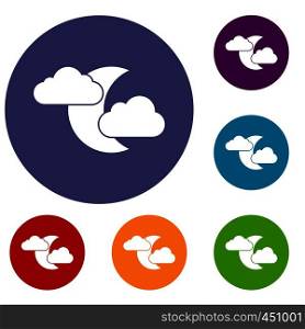 Moon and clouds icons set in flat circle reb, blue and green color for web. Moon and clouds icons set