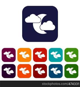 Moon and clouds icons set vector illustration in flat style In colors red, blue, green and other. Moon and clouds icons set