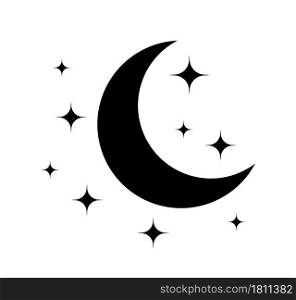 Moon and star. Black icon of moon for night. Pictogram of crescent and star. Logo for sleep and baby. Celestial symbol isolated on white background. Illustration for goodnight and ramadan. Vector.. Moon and star. Black icon of moon for night. Pictogram of crescent and star. Logo for sleep and baby. Celestial symbol isolated on white background. Illustration for goodnight and ramadan. Vector