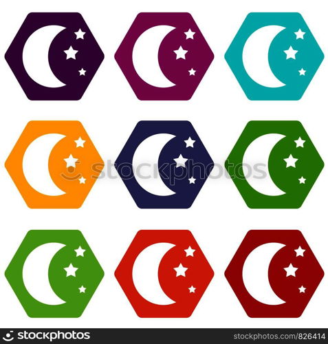 Moon and stars icon set many color hexahedron isolated on white vector illustration. Moon and stars icon set color hexahedron