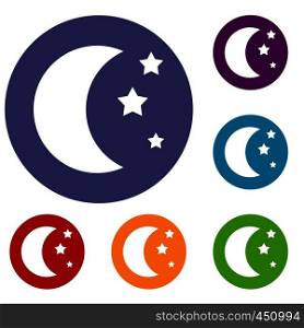 Moon and stars icons set in flat circle reb, blue and green color for web. Moon and stars icons set