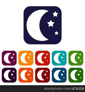 Moon and stars icons set vector illustration in flat style In colors red, blue, green and other. Moon and stars icons set