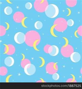 Moon and stars on blue romantic background seamless pattern. Vector illustration.