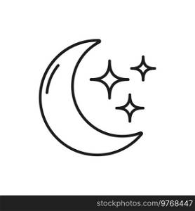 Moon and stars, time to sleep, evening or overnight thin line icon. Vector moonlight and goodnight, bedtime outline symbol. Night hours, sleeping and rest time, insomnia and crescent moon. Crescent moon and stars, time to sleep linear icon