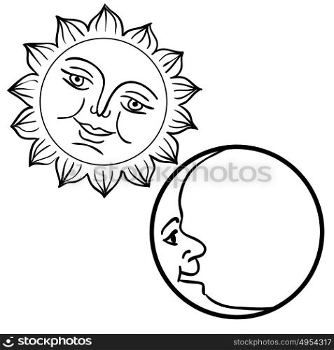 Moon and Sun with faces day and night symbols. Moon and Sun with faces day and night symbols.