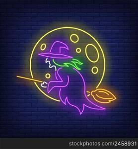 Moon and witch flying on broom neon sign. Halloween, advertisement design. Night bright neon sign, colorful billboard, light banner. Vector illustration in neon style.