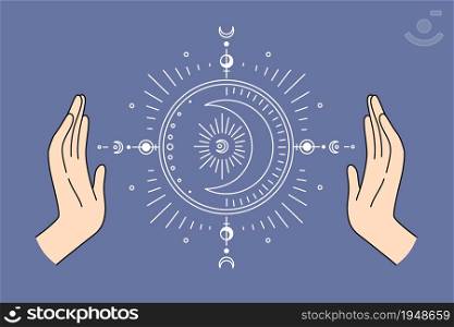 Moon astrology sign system concept. Human hands and moon oriental signs system between them over blue background vector illustration. Moon astrology sign system concept.