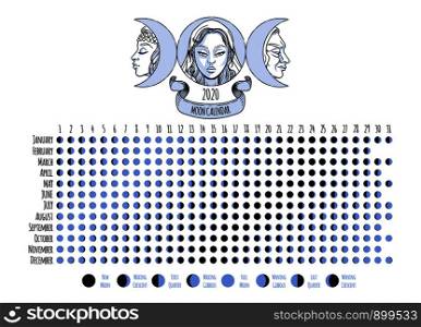 Moon calendar, 2020 year, lunar phases, cycles. Design illustrated with Triple Goddess symbol: Maiden, Mother and Crone. Vector illustration
