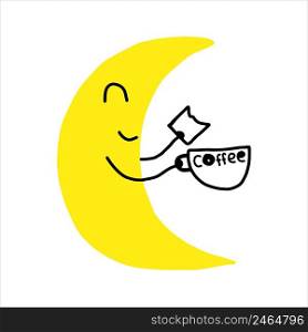 moon cartoon character with cute smile holding a cup of aromatic coffee in his hand. Moon cartoon character with cute smile holding a cup of aromatic coffee in his hand, vector