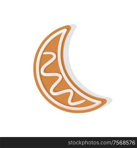 Moon crescent shaped cookie made of gingerbread vector. Isolated icon of food snack prepared for Christmas celebration winter holiday meal pastry. Moon Crescent Shaped Cookie Made of Gingerbread