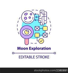 Moon exploration concept icon. Earth satellite studying. Space technology abstract idea thin line illustration. Isolated outline drawing. Editable stroke. Arial, Myriad Pro-Bold fonts used. Moon exploration concept icon