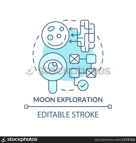 Moon exploration turquoise concept icon. Earth satellite studying. Space technology abstract idea thin line illustration. Isolated outline drawing. Editable stroke. Arial, Myriad Pro-Bold fonts used. Moon exploration turquoise concept icon