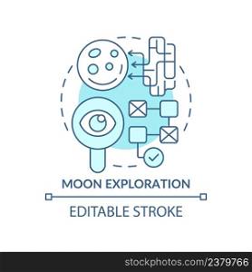 Moon exploration turquoise concept icon. Earth satellite studying. Space technology abstract idea thin line illustration. Isolated outline drawing. Editable stroke. Arial, Myriad Pro-Bold fonts used. Moon exploration turquoise concept icon