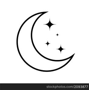 Moon icon. Outline moon with star. Crescent for night. Pictogram symbol for sky, light, sleep and evening. Simple illustration for goodnight and astronomy. Vector.