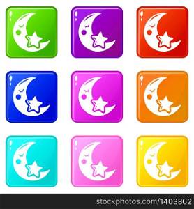 Moon icons set 9 color collection isolated on white for any design. Moon icons set 9 color collection