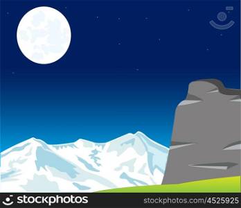 Moon landscape in mountain. The Wild night landscape of the mountains and moon.Vector illustration
